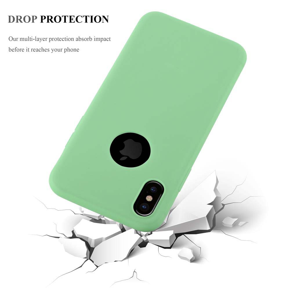 Eine hellgrüne Handyhülle mit schwarzem Apple-Logo, rissigem weißen Boden und Text 'DROP PROTECTION'.