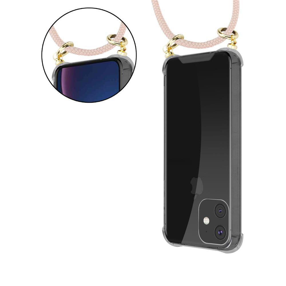 Custodia per telefono con cordino. Custodia trasparente con cinturino rosa e dettagli dorati.