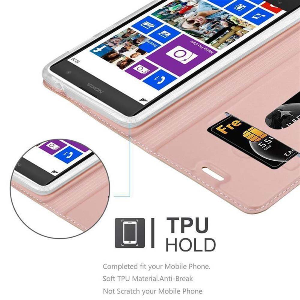 Un telefono in una custodia rosa, con una carta di credito nella fessura del portafoglio. Il telefono mostra l'interfaccia della schermata iniziale.