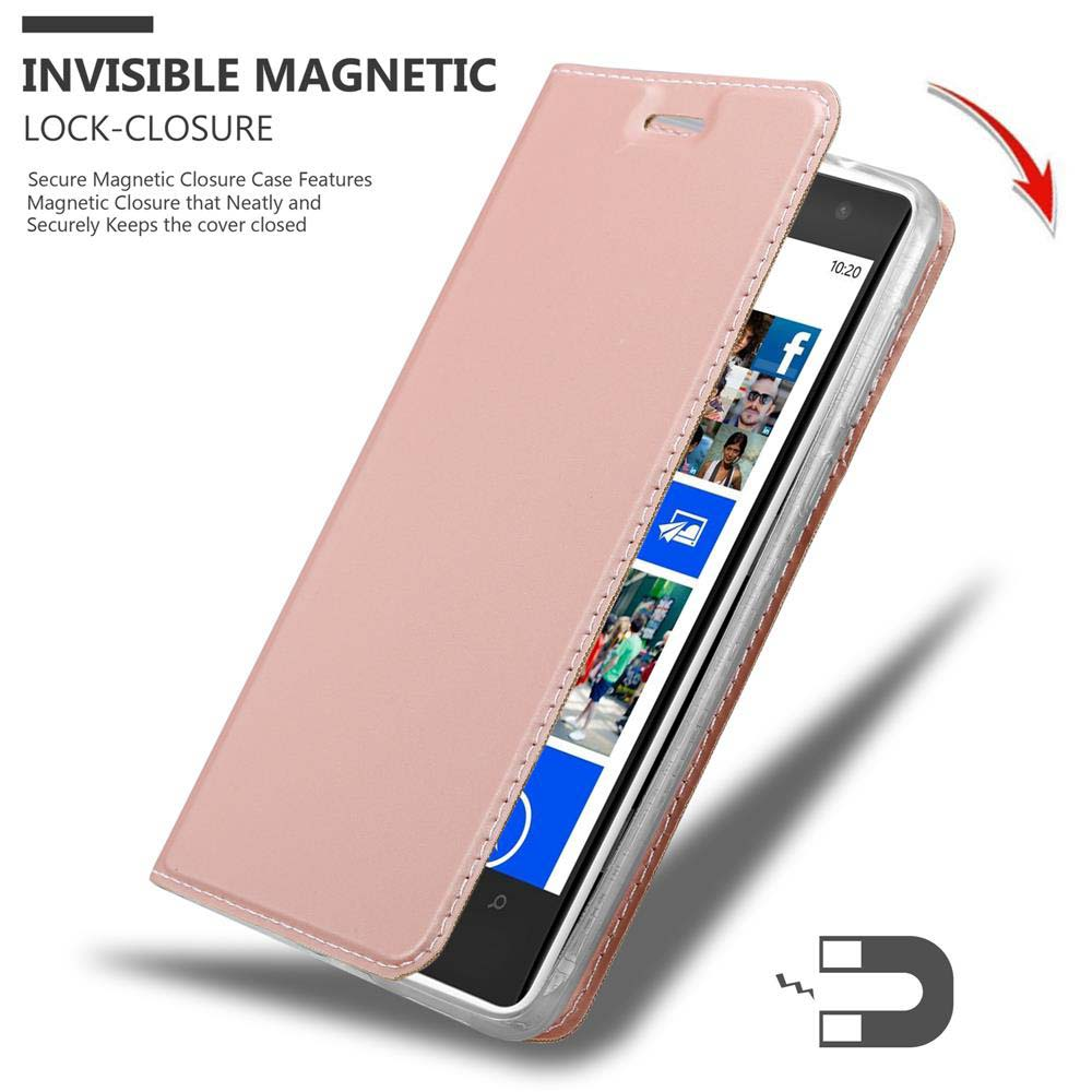 Custodia rosa aperta con telefono. Testo: 'Invisible Magnetic Lock-Closure'. Magnete visibile.