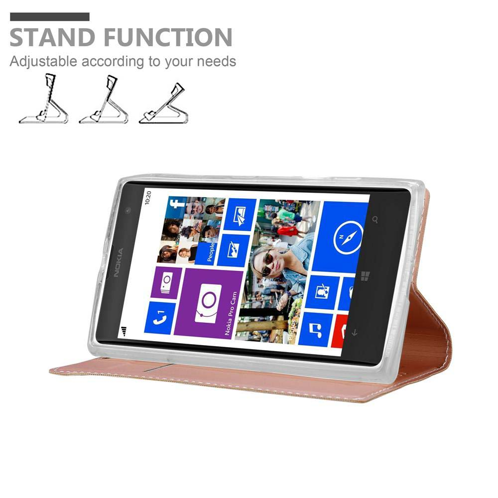Telefono in custodia rosa, con testo funzione stand e tre supporti.