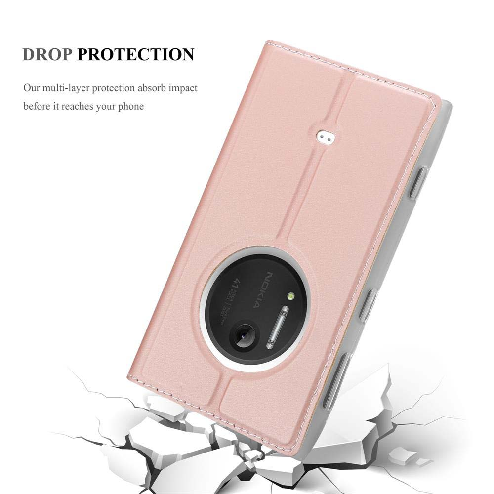 Custodia rosa per telefono che cade. Effetto crepa su sfondo bianco. Testo: Protezione dalle cadute.