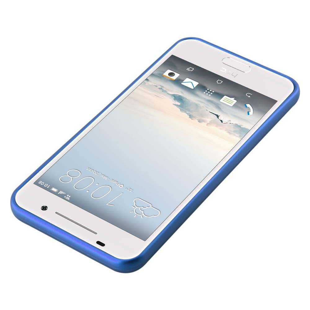 Téléphone blanc avec bord bleu, montrant l'écran et le logo HTC en haut.