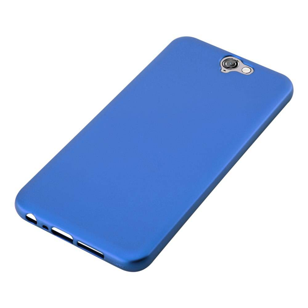 Coque de téléphone bleue. Les trous de la caméra et des boutons sont visibles. Le fond est blanc.