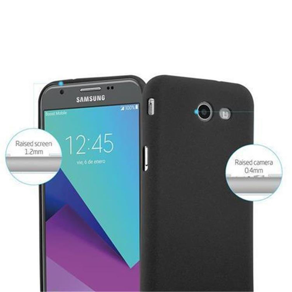 Una custodia per telefono nera con un telefono. Lo schermo e la fotocamera sono rialzati.