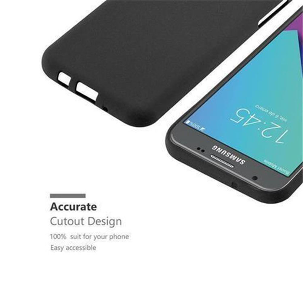 Una custodia nera con un telefono all'interno. Il testo sottostante dice: Design di ritaglio accurato. 100% adatto al tuo telefono.