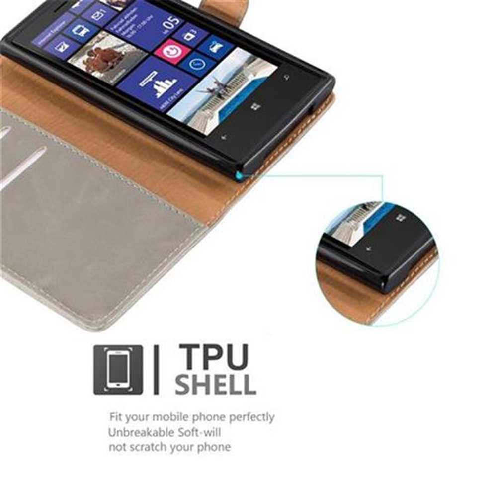Telefono in una custodia. La custodia è grigia e marrone. Il telefono mostra le app sullo schermo.