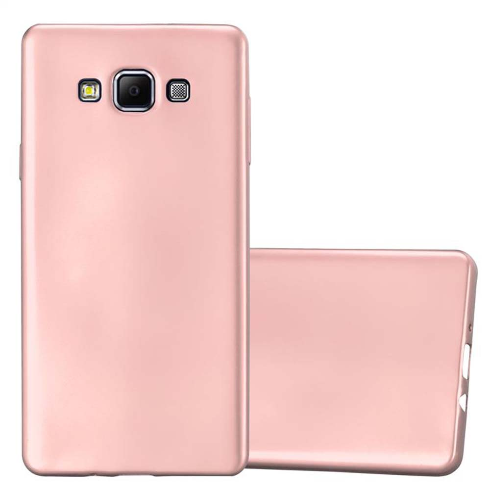 Dos fundas rosas para teléfono, una que muestra la parte trasera con cámaras y la otra, la parte trasera del teléfono.