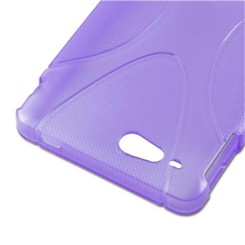 Lila, transparente Handyhülle, Rückseite sichtbar. Die Hülle hat ein strukturiertes Design.