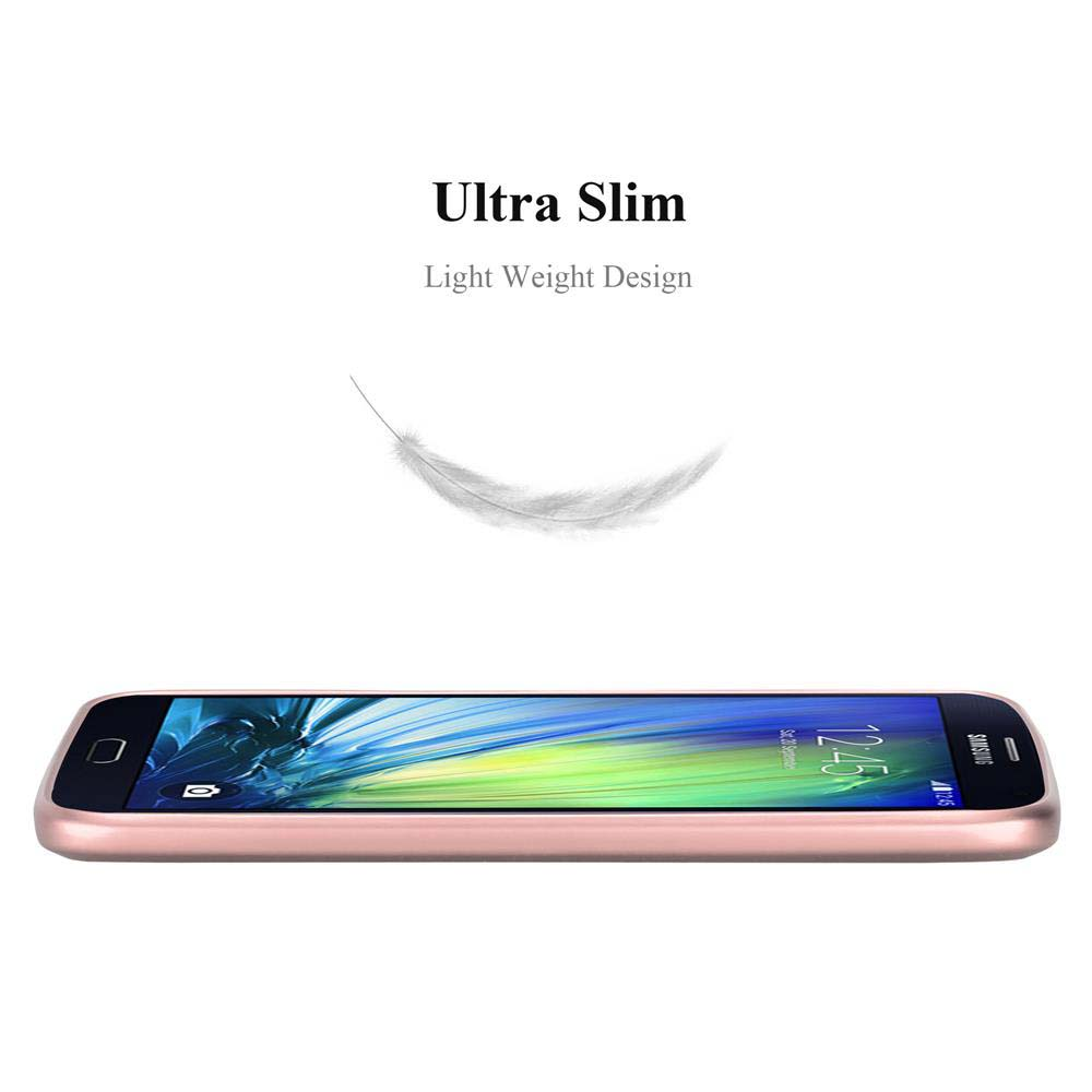Un smartphone con funda oro rosa y un gráfico de pluma. El texto dice Ultra Slim y Light Weight Design.