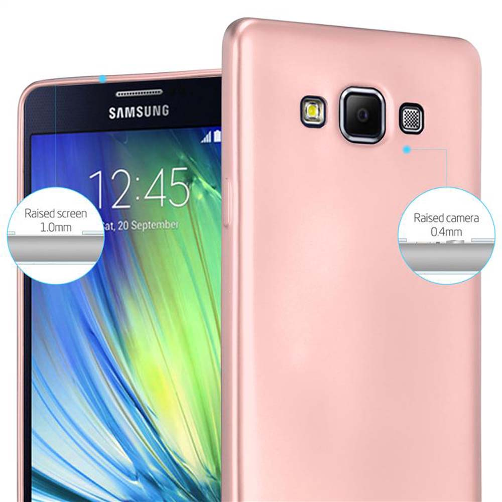 Teléfono rosa en una funda. Se destacan la pantalla y los detalles de la cámara elevados.