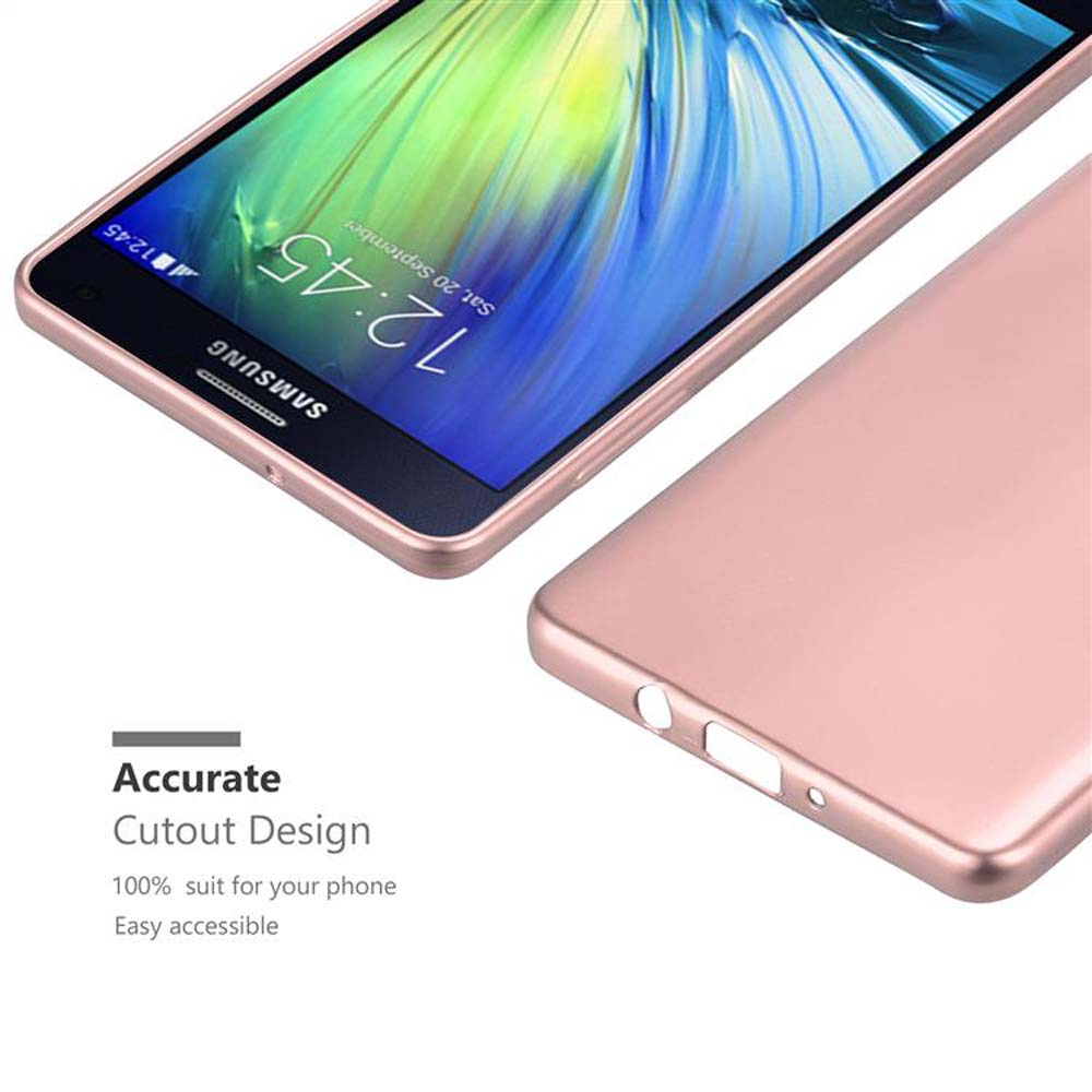 Funda para teléfono oro rosa con un teléfono dentro. La pantalla muestra la hora y la fecha, el fondo es rosa.