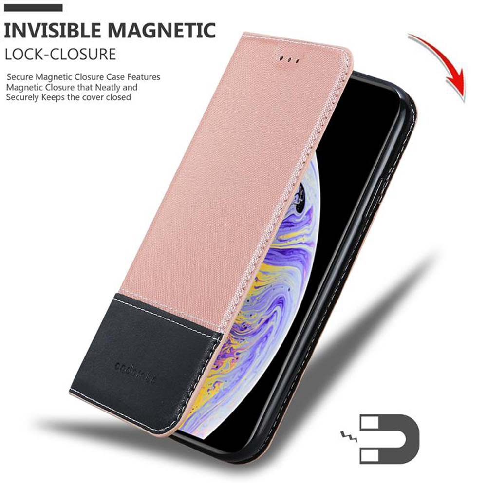 Eine pink-schwarze Handyhülle, geöffnet, zeigt ein Telefon mit einem weißen Bildschirm und Symbolen.