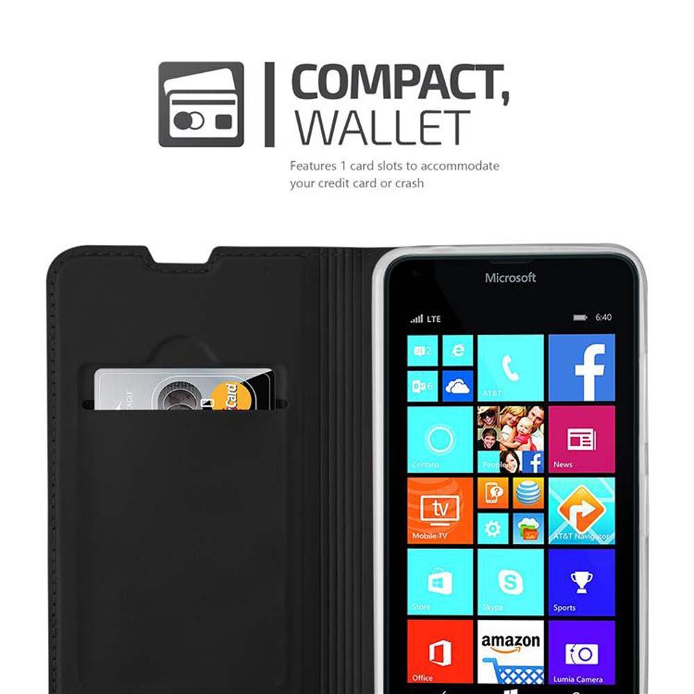 Teléfono en funda con ranura para tarjeta. Texto: Compacto, Cartera, 1 ranura para tarjeta.