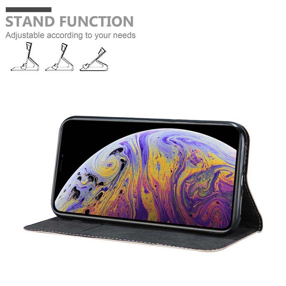 Ein Telefon in einer Hülle mit Standfunktion. Das Telefon zeigt ein farbenfrohes Bild. Text lautet 'Stand Function'.
