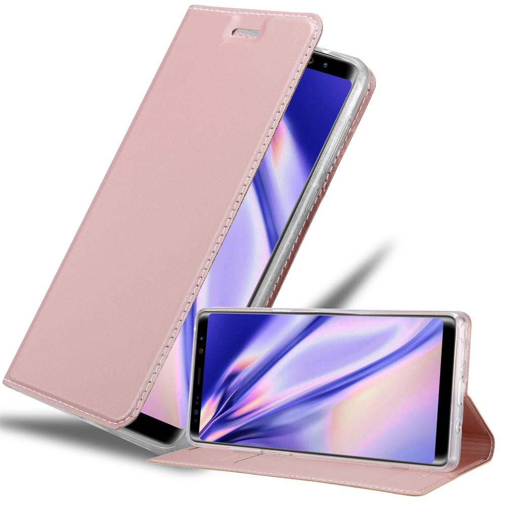 Eine rosa Handyhülle, geöffnet. Ein Telefon ist darin sichtbar. Ein weiteres Telefon ist unten geöffnet.