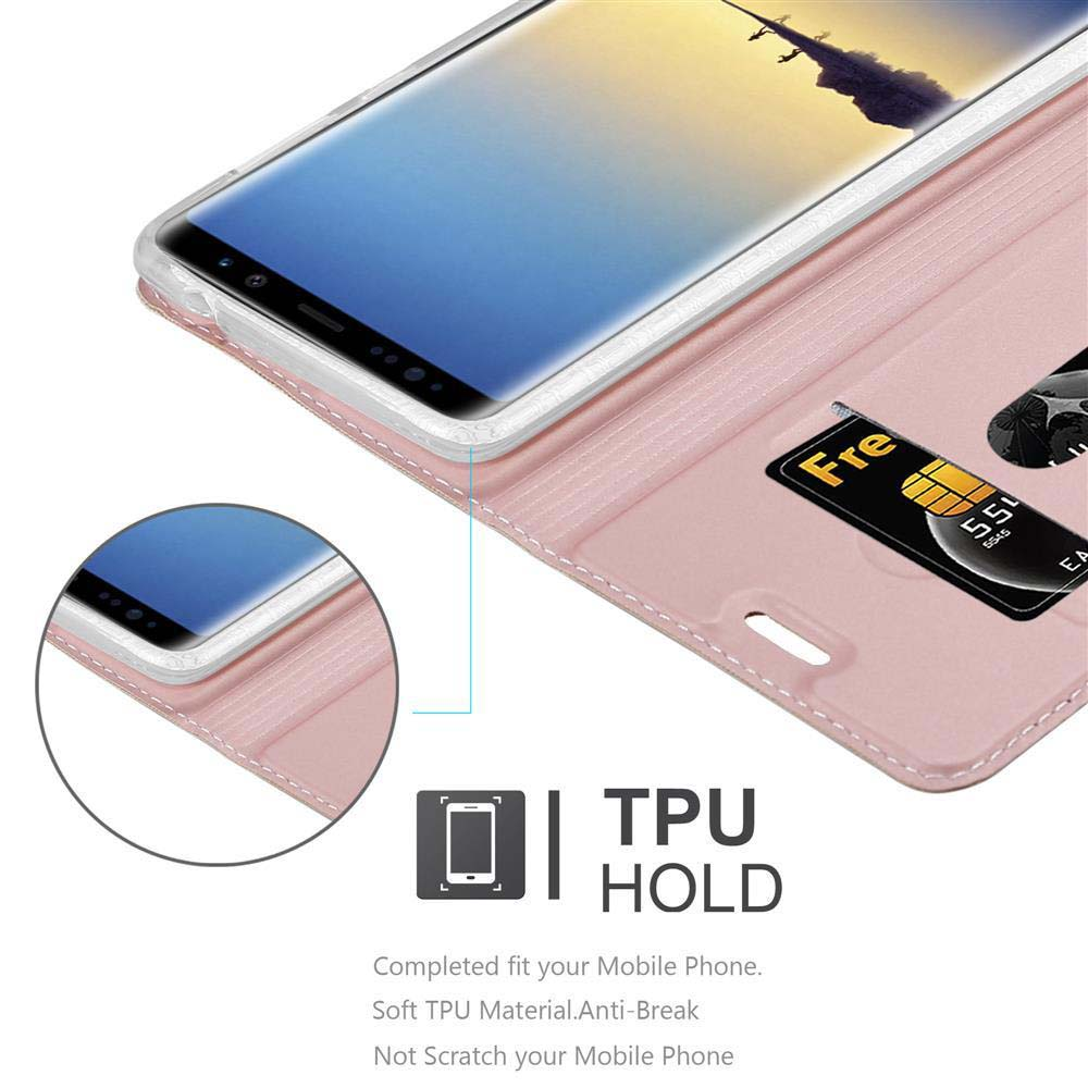 Telefon in einer rosa Hülle, geöffnet, um Kartenfächer zu zeigen. Text: TPU HOLD, passend für Ihr Mobiltelefon.