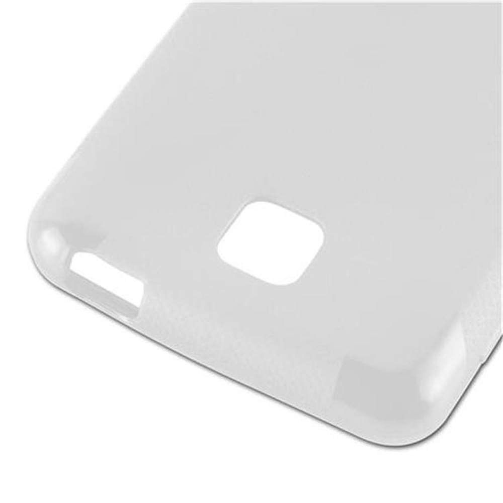 Custodia bianca per telefono con ritagli per fotocamera e porte.