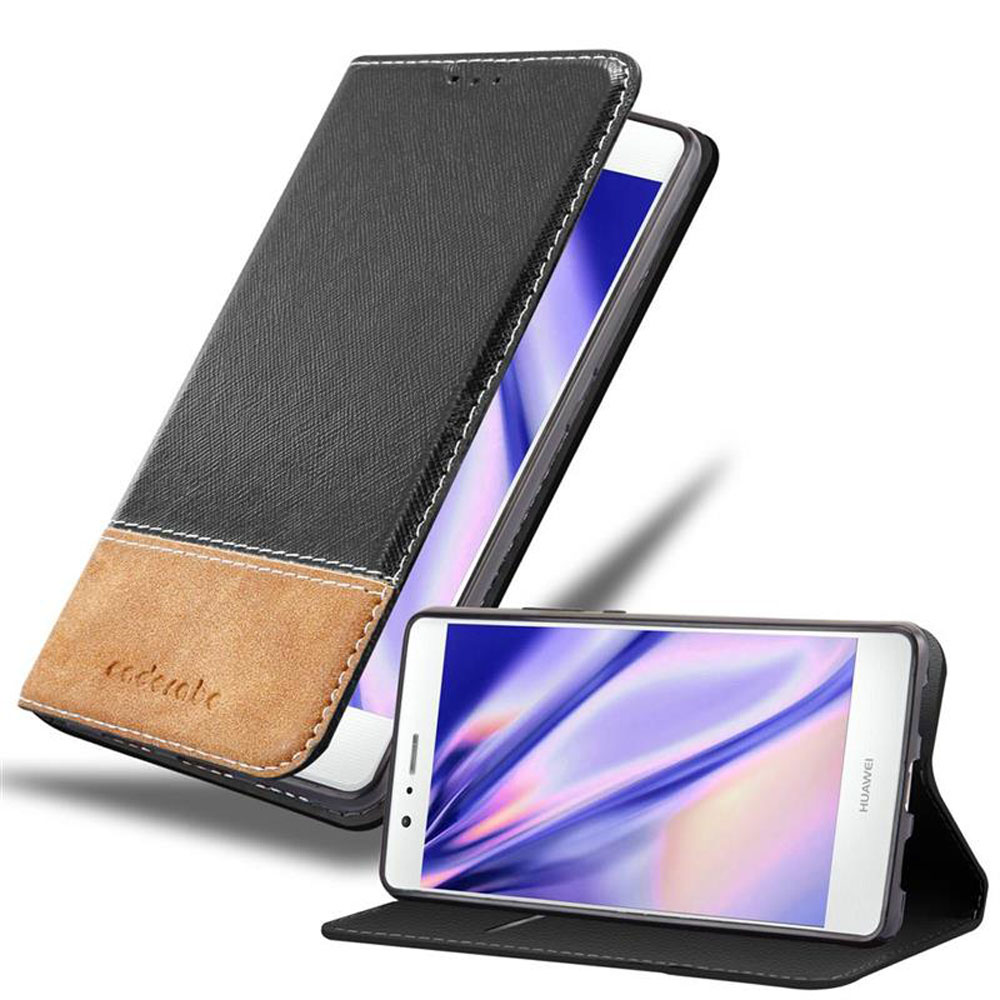 Custodia per telefono, nera e marrone. Telefono nella custodia, schermo visibile. La custodia ha la parola "cacciolo".