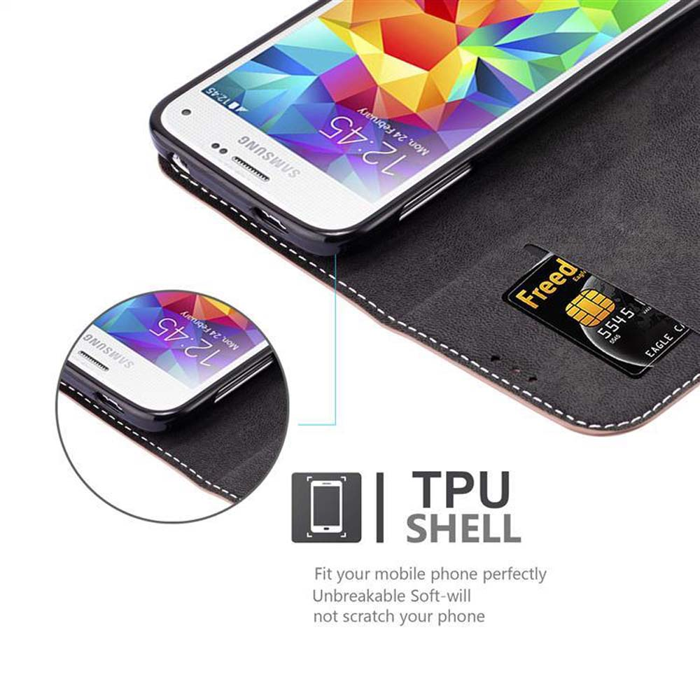 Telefono in custodia nera aperta con carta di credito. Un secondo telefono è visibile. TPU SHELL è scritto sotto. Samsung.