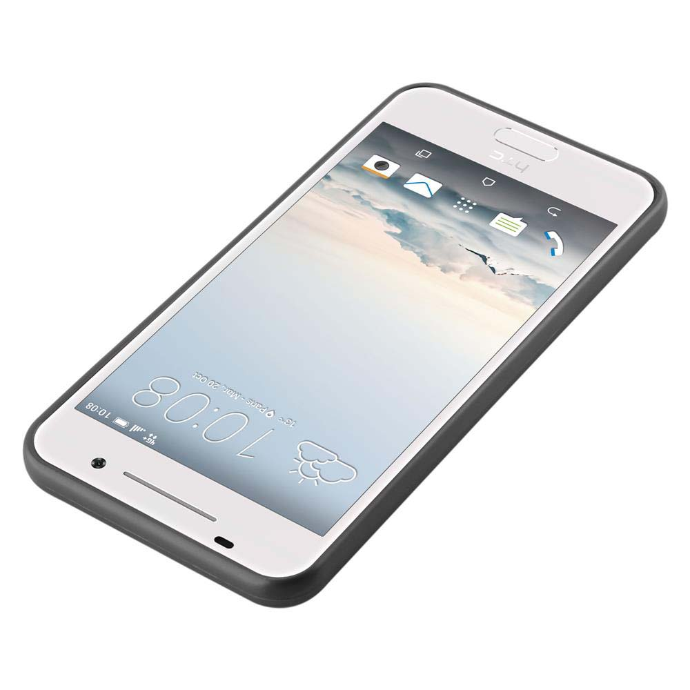 Téléphone blanc avec un étui noir, vue en angle. L'heure à l'écran est 10h08.