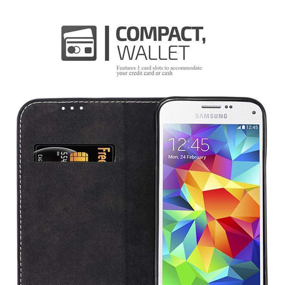 Custodia per telefono nera stile portafoglio con fessure per carte. Il telefono mostra l'ora e le app. Testo: 'Compact Wallet'.