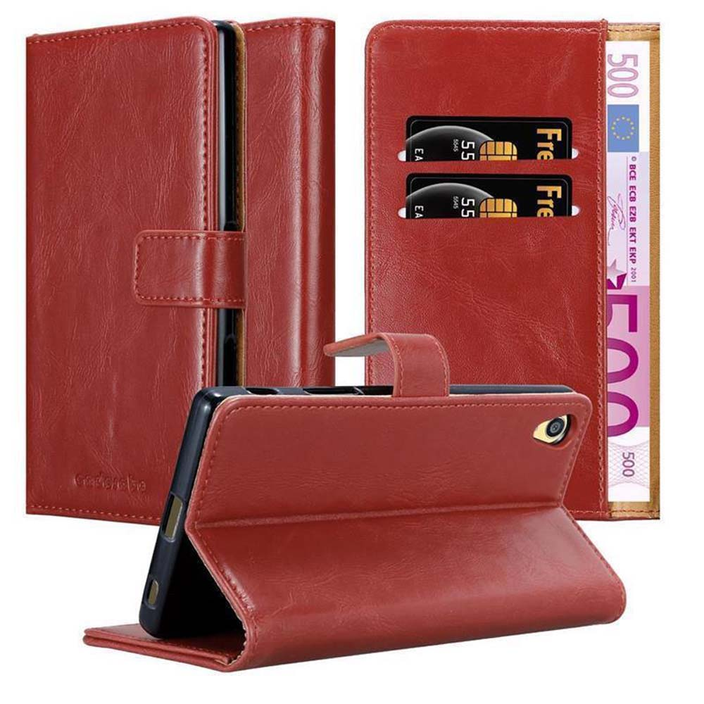 Funda de teléfono de cuero rojo con ranura para tarjetas y soporte. Un teléfono está dentro.