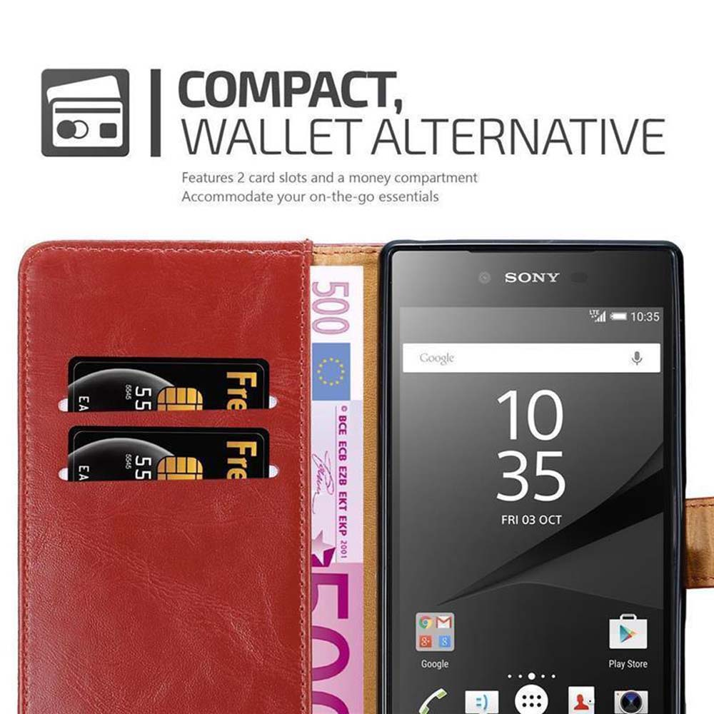 Funda de teléfono tipo cartera roja con tarjetas, dinero y un teléfono que muestra una hora. El texto dice: COMPACT, WALLET ALTERNATIVE.