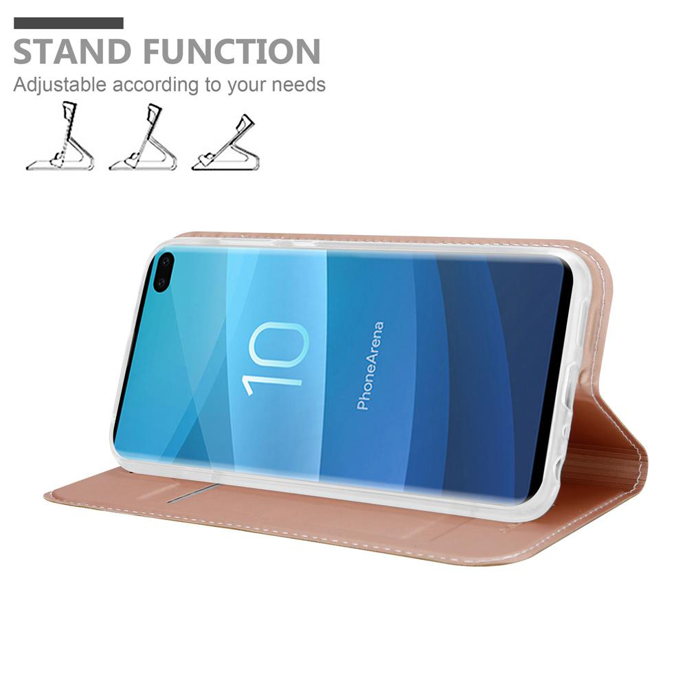 Rosafarbene Handyhülle mit Telefon darin. Standfunktion wird gezeigt. Der Telefonbildschirm ist an.
