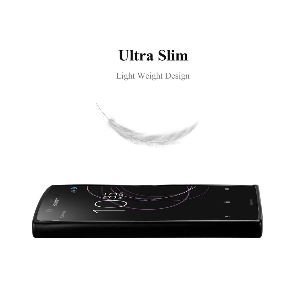 Un telefono nero è appoggiato orizzontalmente, una piuma fluttua sopra. Testo: 'Ultra Slim Light Weight Design'.