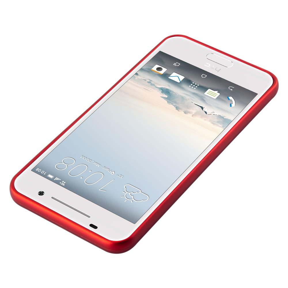 Téléphone blanc dans un étui rouge, incliné. Fond blanc. Le texte sur l'écran du téléphone est visible.