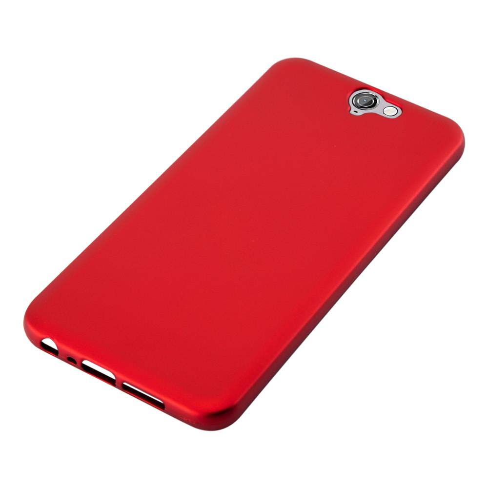 Un étui de téléphone rouge. Il a un trou pour la caméra, des trous pour les haut-parleurs et un port de charge.