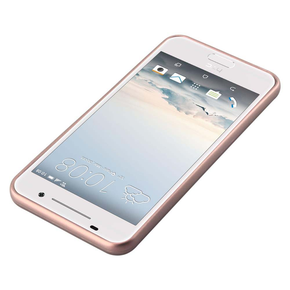 Un téléphone blanc et or rose sur fond blanc.