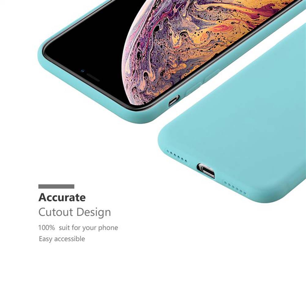 Ein Telefon in einer blauen Hülle, Nahaufnahme. Text sagt Genaues Ausschnittsdesign, 100% passend für Ihr Telefon.
