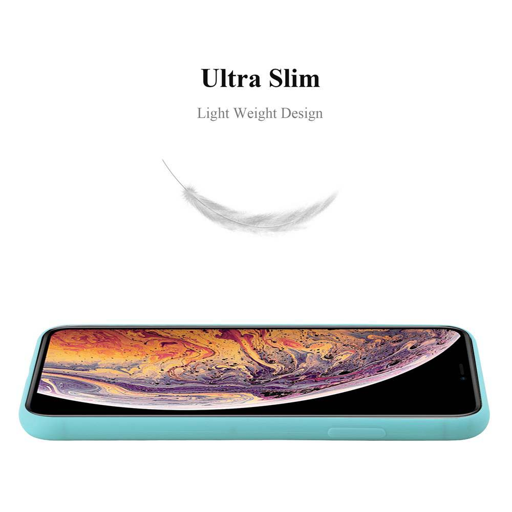Blaue Handyhülle mit Telefon. Feder-Symbol und Text: Ultra Slim.