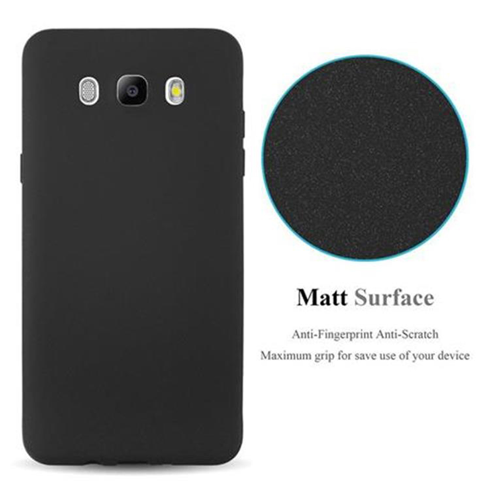 Una funda negra para teléfono con una superficie lisa. Un círculo muestra el detalle 'Superficie mate', con texto debajo.