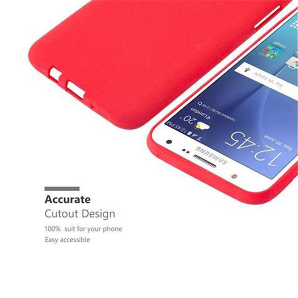 Custodia per telefono rossa con telefono bianco all'interno. Il telefono mostra l'ora e la posizione.