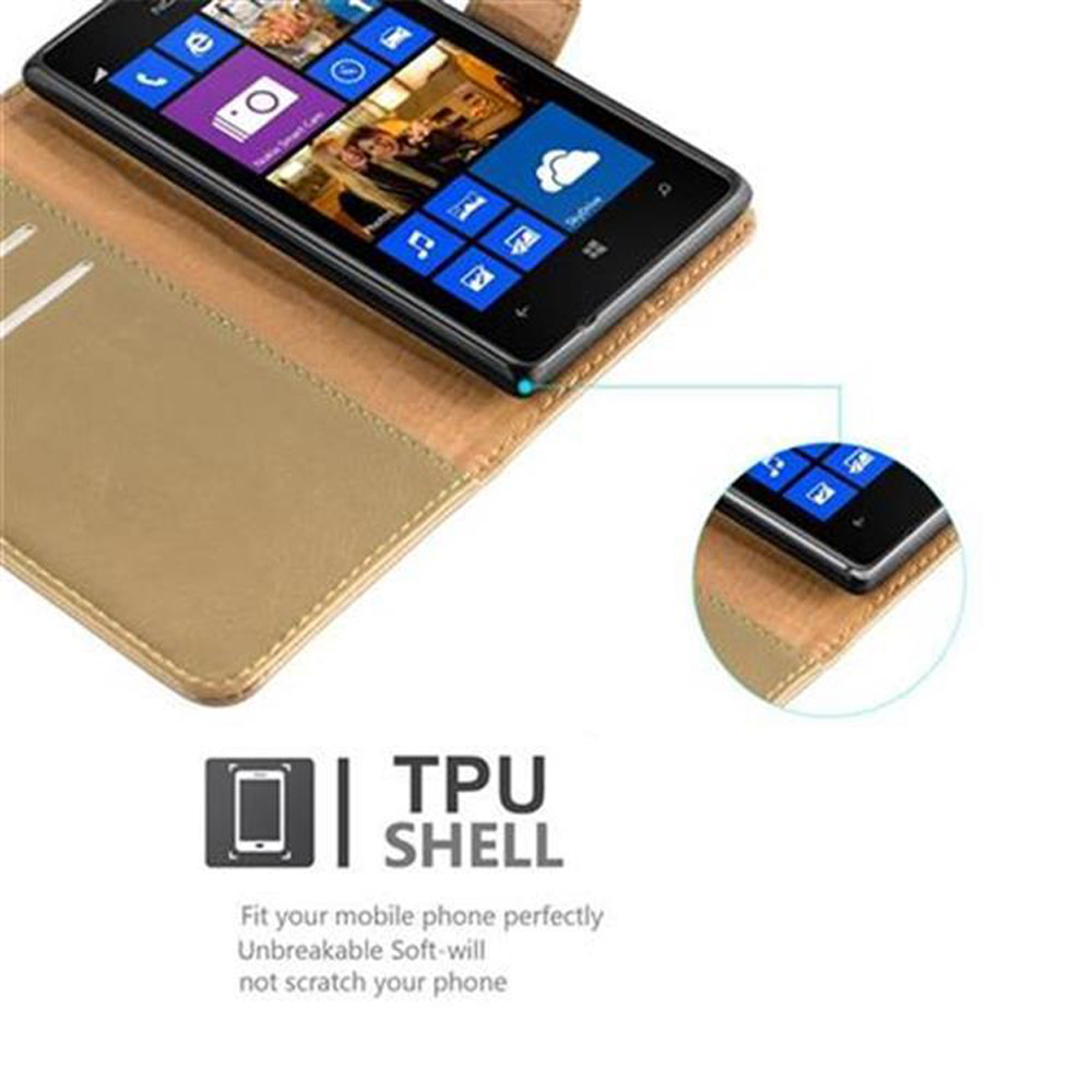 Telefono in una custodia, con un logo TPU SHELL. La custodia è aperta.
