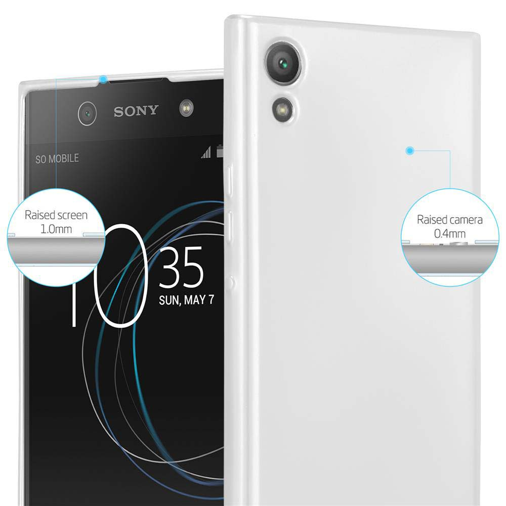 Weißes Telefon mit erhöhtem Bildschirm und Kamera. Diagramm zeigt, dass Bildschirm 1,0 mm erhöht ist.