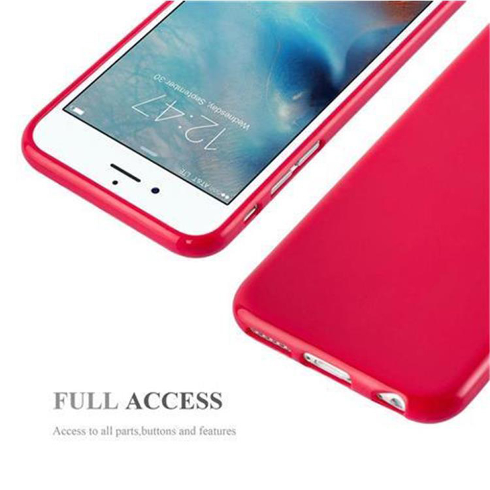Custodia rossa su telefono bianco. Testo accesso completo in basso.