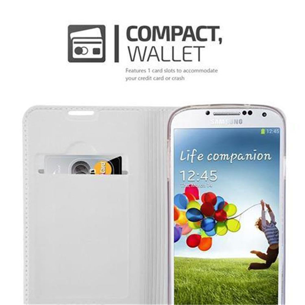 Un telefono in una custodia bianca con slot per carte di credito, che mostra uno schermo con un'immagine colorata.