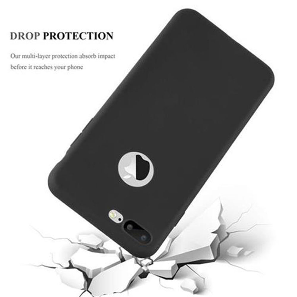Custodia nera per telefono su superficie incrinata. Testo: DROP PROTECTION. Logo Apple visibile.