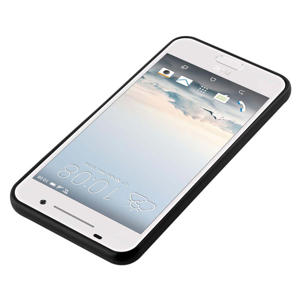 Téléphone blanc dans un étui noir. Le téléphone est incliné et affiche l'heure et les icônes de notification. Marque HTC.