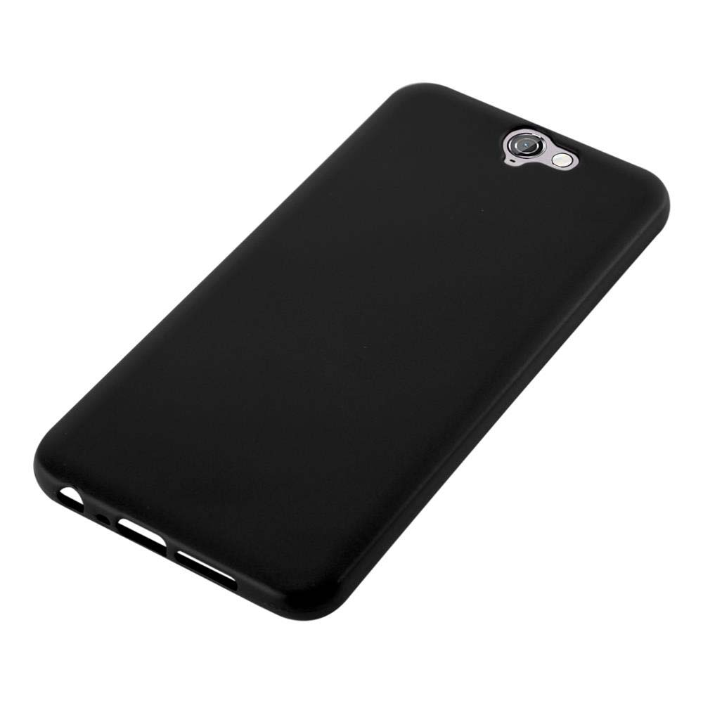 Coque de téléphone noire, vue arrière. Montre la caméra et le bas avec des trous.