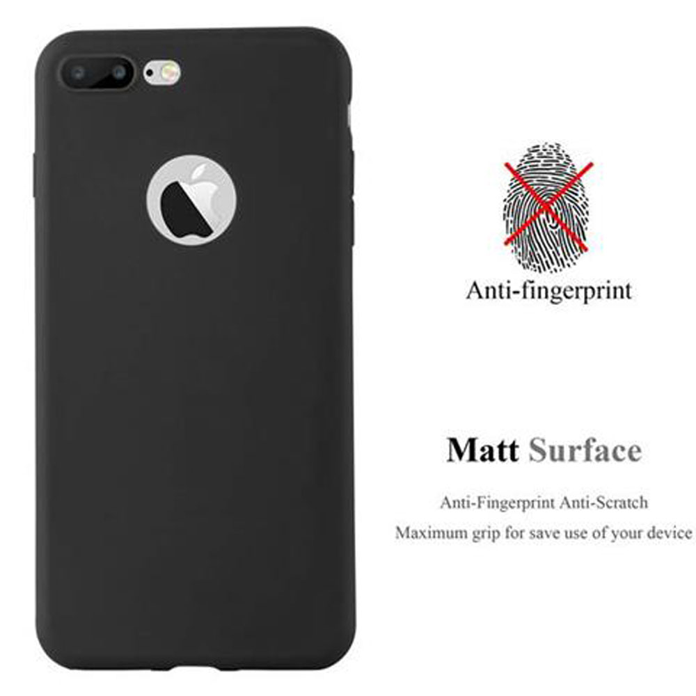 Custodia nera per telefono con logo Apple. Il testo indica l'anti-impronta.