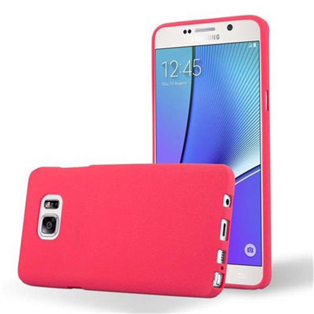 Funda roja para teléfono con teléfono, y otra funda roja tumbada, sobre fondo blanco.
