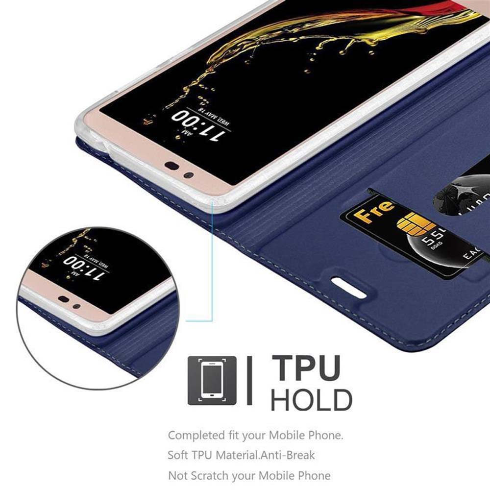 Blaue Handyhülle mit Telefon darin. Zeigt Kreditkarte und Bildschirmdetails. Text lautet 'TPU HOLD'.