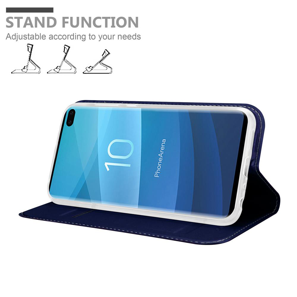 Marineblaue Handyhülle mit Standfunktion. Ein Telefon zeigt einen blauen Bildschirm. Das Telefon ist offen.