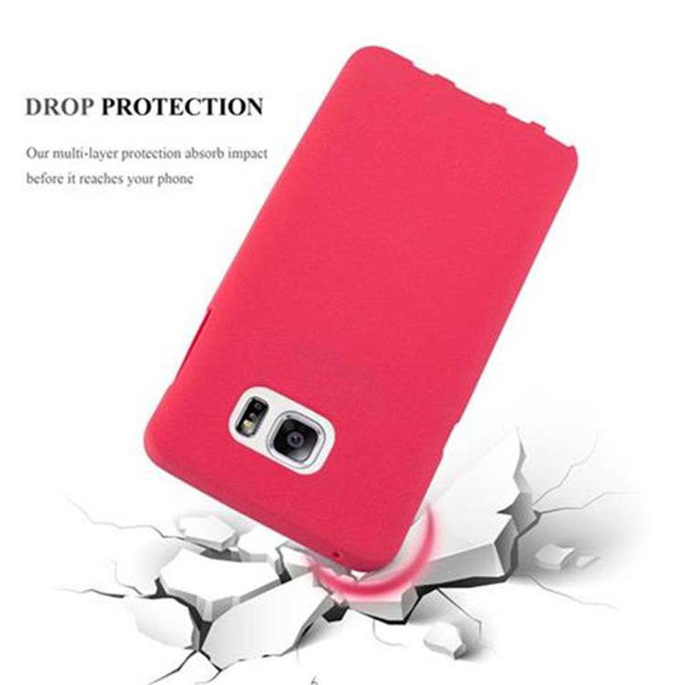 Funda roja para teléfono sobre suelo agrietado. Texto: Protección contra caídas. Características: Protección multicapa absorbe impacto.