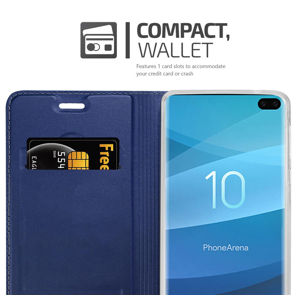 Handyhülle mit Kartenfach, Kreditkarte sichtbar. Telefonbildschirm zeigt blauen Hintergrund.